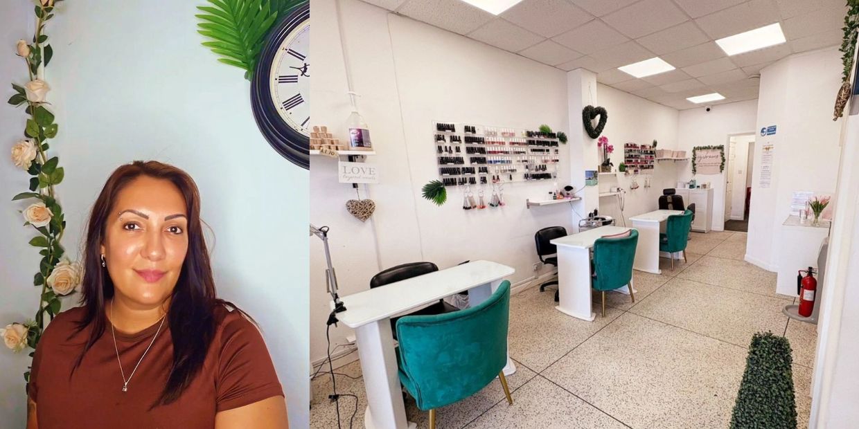 Image of the salon interior, nail desks, plush green velvet chairs, and an image of the salon owner,