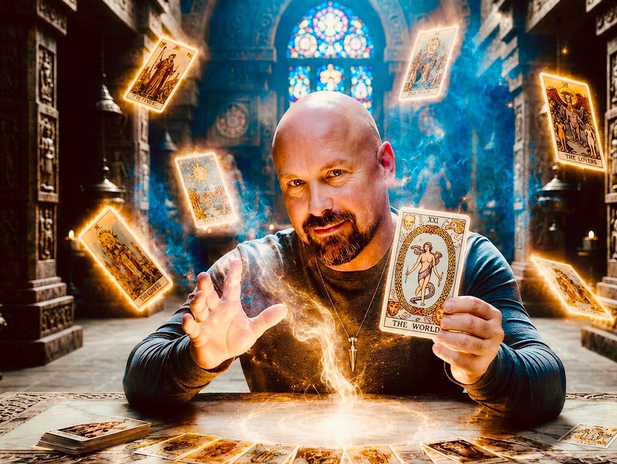 Man performing a magical tarot card reading in a mystical setting.