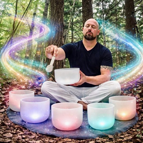 Person playing crystal singing bowls surrounded by mystical light effects in a forest.