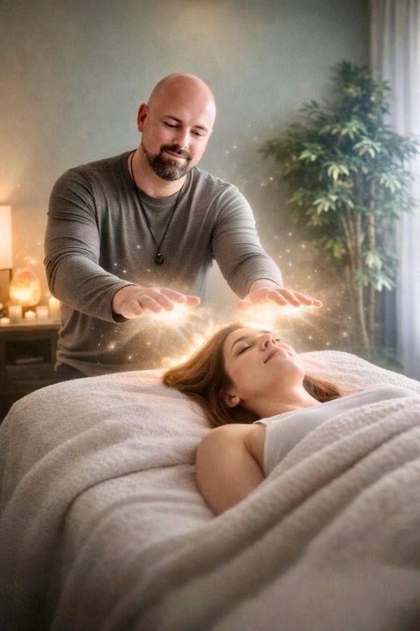 Man performing energy healing on a relaxed woman in a serene room.