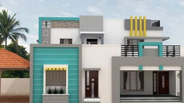 Modern two-story house with teal, gray, and yellow accents and a flat roof design.