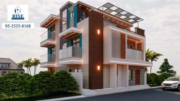 Modern three-story house with balconies and stylish exterior lighting.