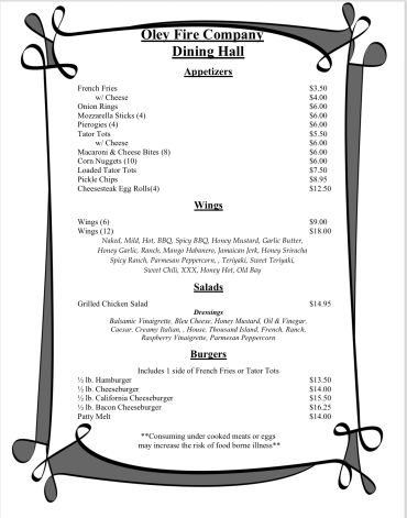 Menu for Oley Fire Company Dining Hall with appetizers, wings, salads, and burgers.