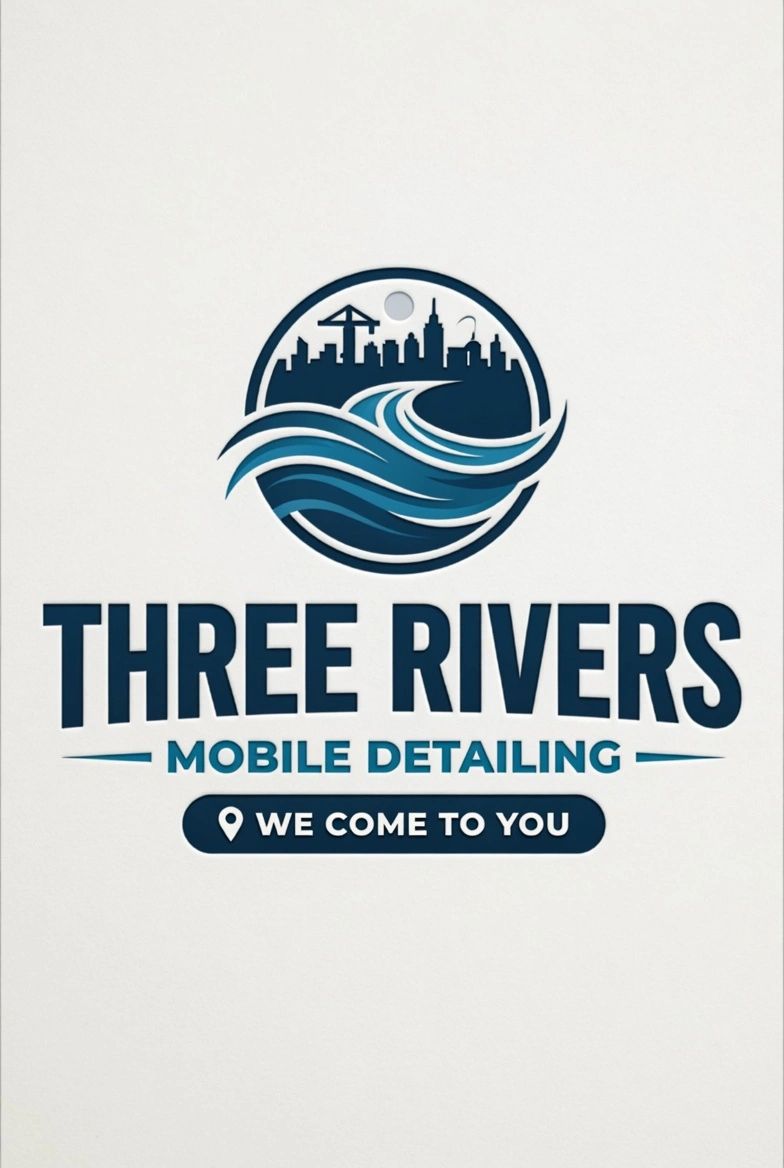Logo for Three Rivers Mobile Detailing with city skyline and river design.