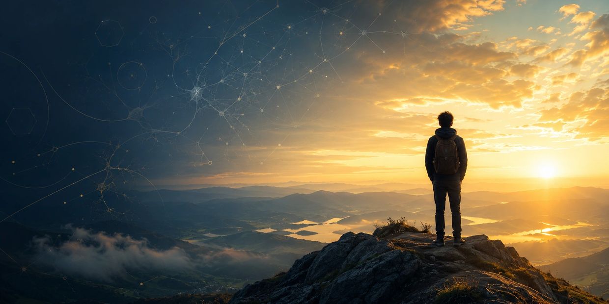 Young learner overlooking a sunrise from a mountain peak, symbolising personal growth, self awarenes