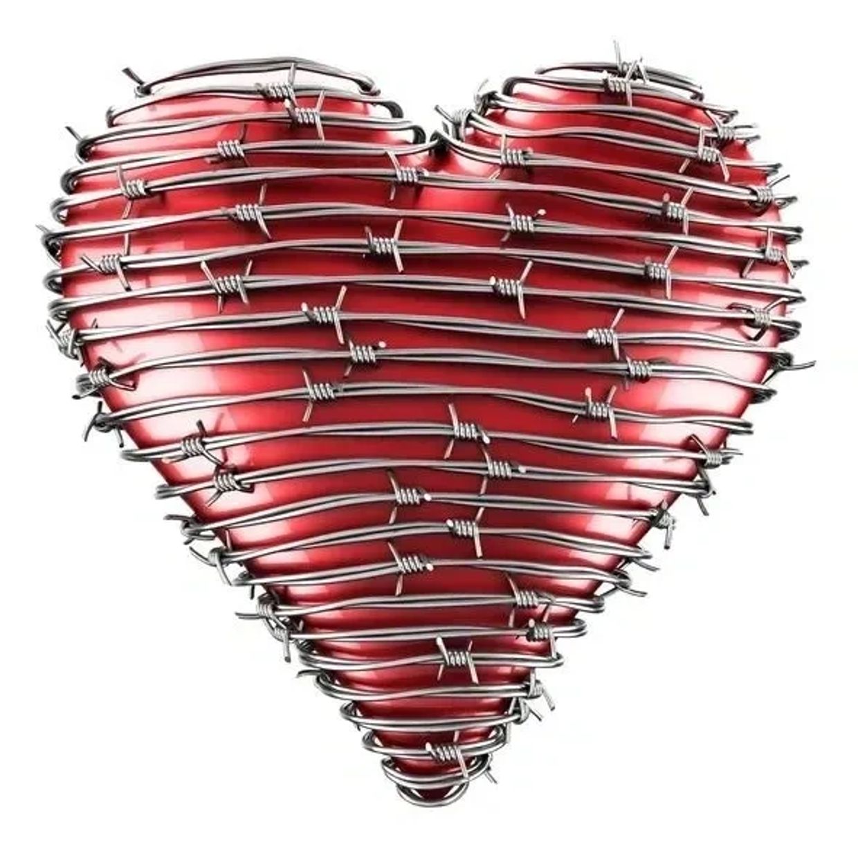 A red heart wrapped tightly with sharp barbed wire.