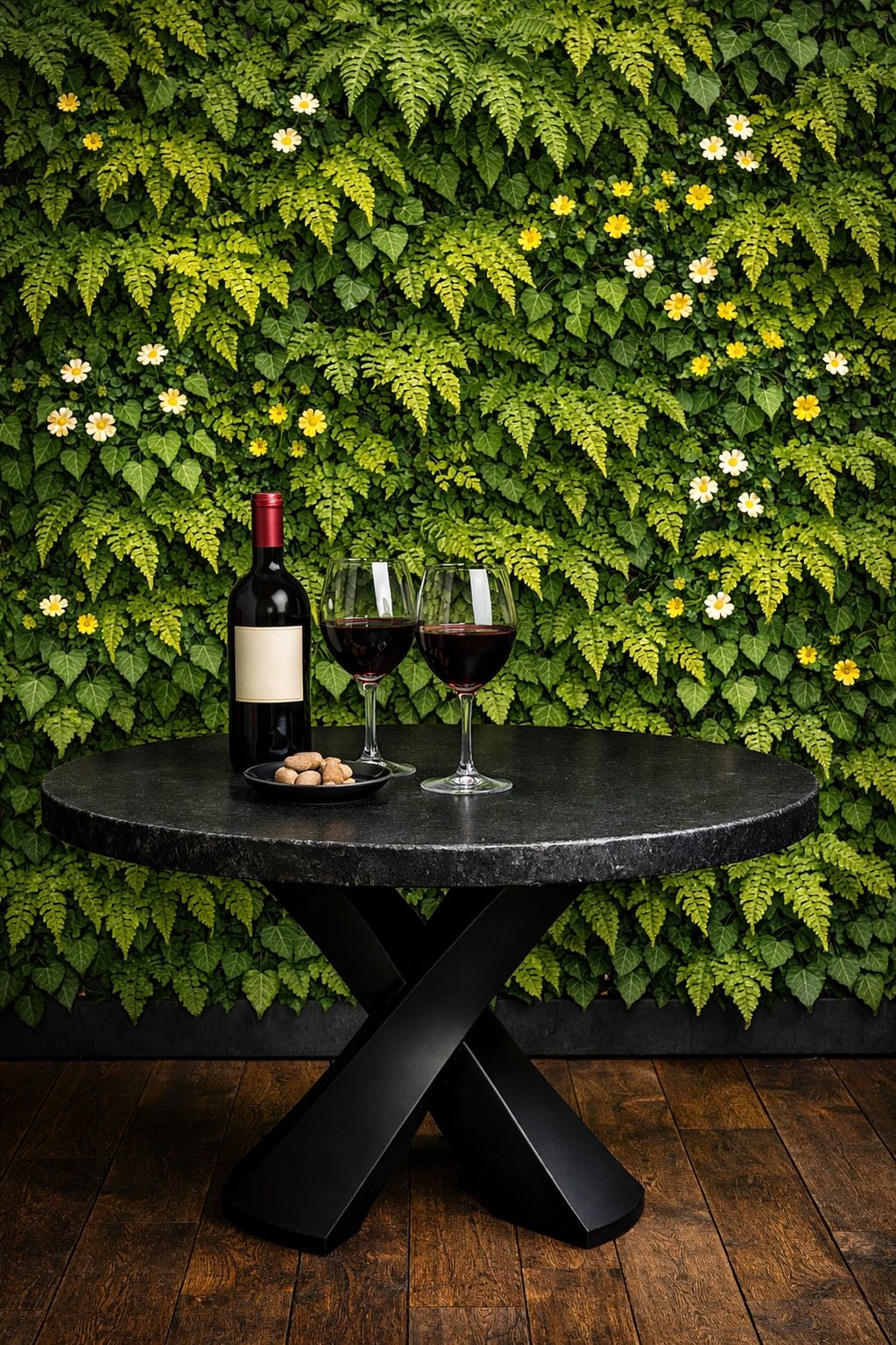 Elegant wine setup on a black round table with a lush green floral wall background.
