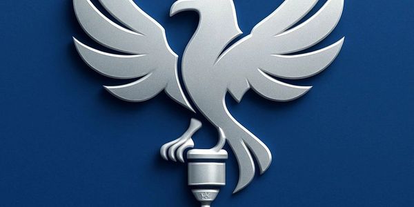 Silver phoenix logo with a star on a blue background.