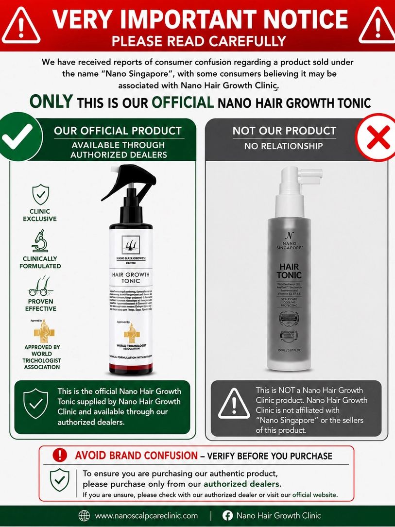 Comparison of official and unofficial Nano Hair Growth Tonic products.