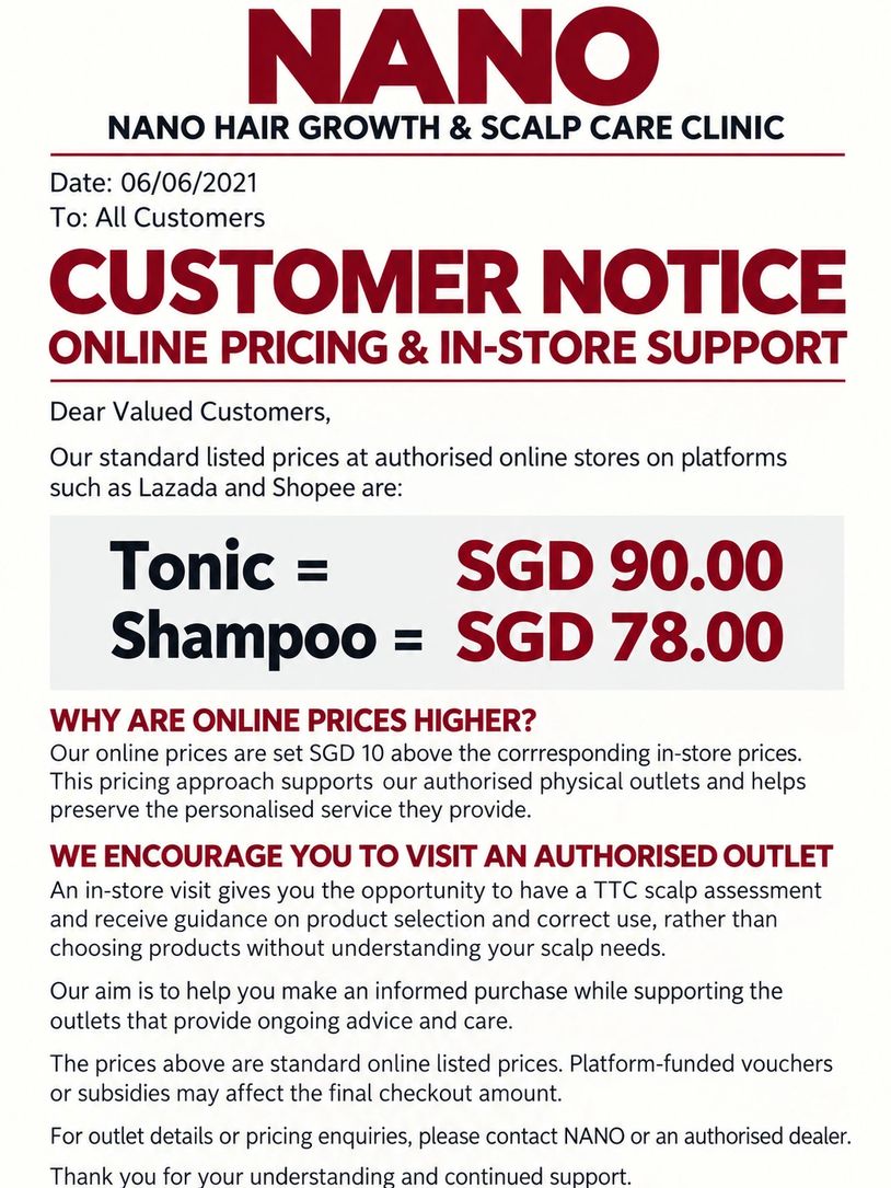 Price notice for hair tonic and shampoo from NANO Clinic.