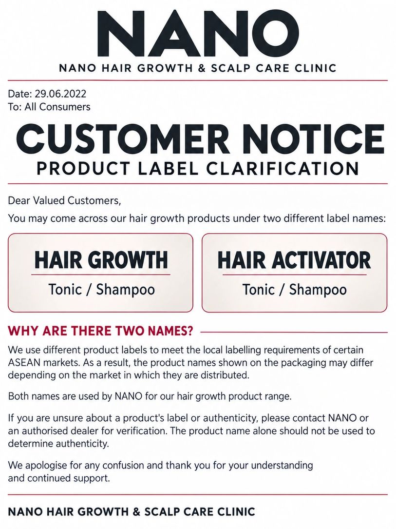 Customer notice on two product label names for Nano hair growth products.