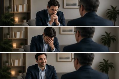 A man experiences anxiety during a conversation, then smiles confidently.