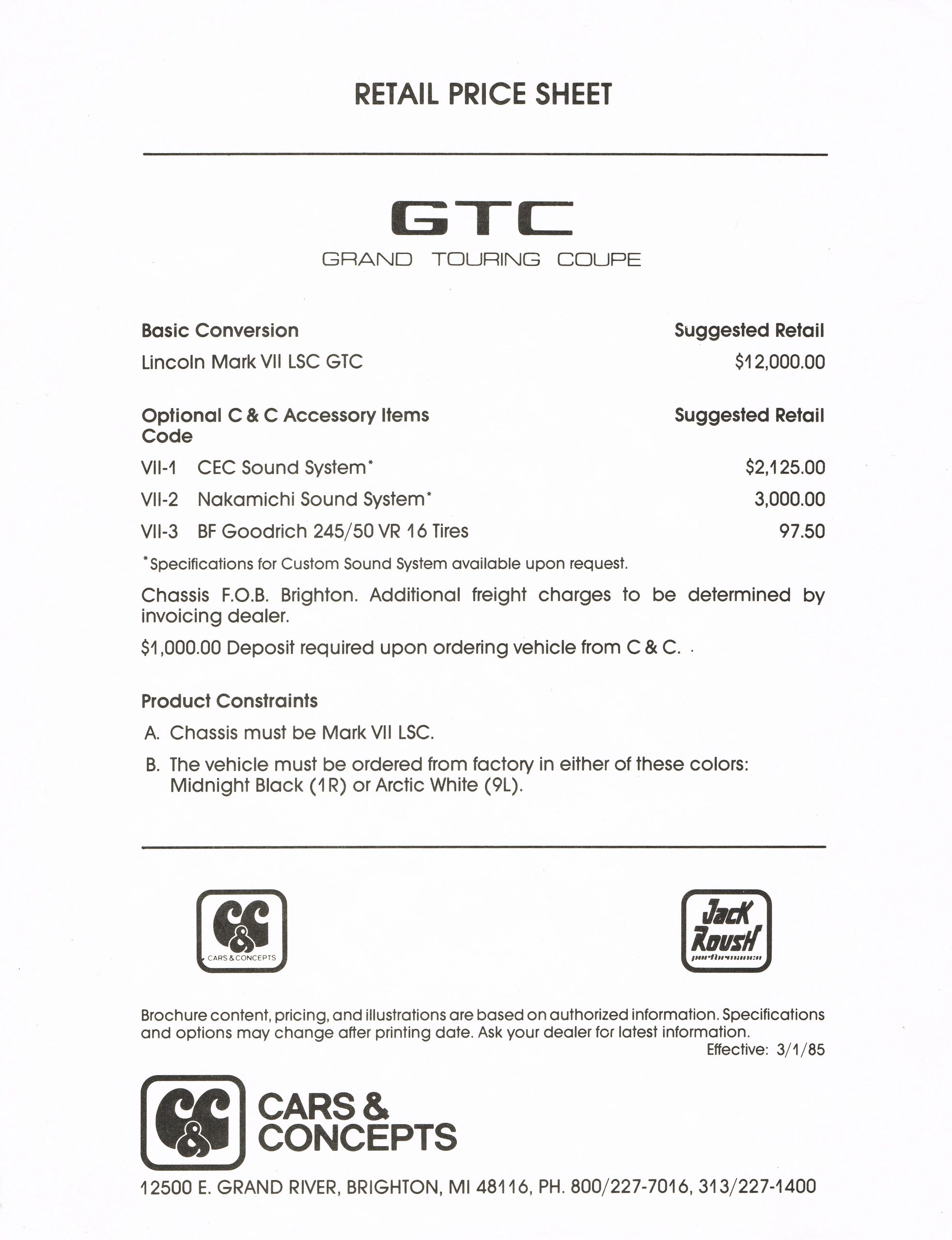 Dealership GTC Retail Price Sheet