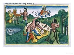  Cain Kills Abel 'Nuremberg Bible (Biblia Sacra
Germanaica)' (coloured woodcut), German School, (15th century)  