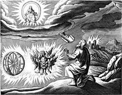 1670-Engraved illustration of the "chariot vision" of the Biblical book of Ezekiel, chapter 1, after