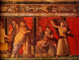 50 BC- Silenus holding a lyre (left); demi-god Pan and a nymph sitting on a rock, nursing a goat (ce