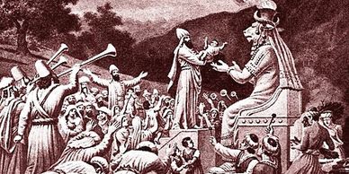 1897 - Artist's view of a sacrifice to Moloch in Bible Pictures with brief descriptions by Charles F