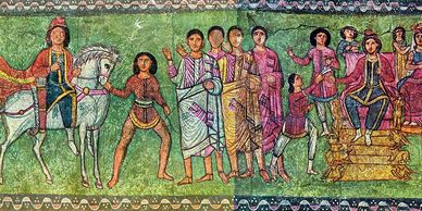 200 - Early 3rd century CE Roman painting of Esther and Mordechai, Dura-Europos synagogue, Syria.