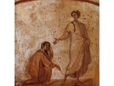 300-Christ Healing a bleeding woman, as depicted in the catacombs of Marcellines and Peter 