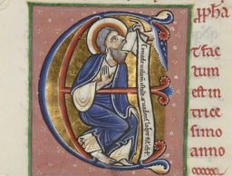 1150- Anonymous Initial “E” with biblical scene “Ezekiel eats the scroll handed to him” (Ezekiel 3,1