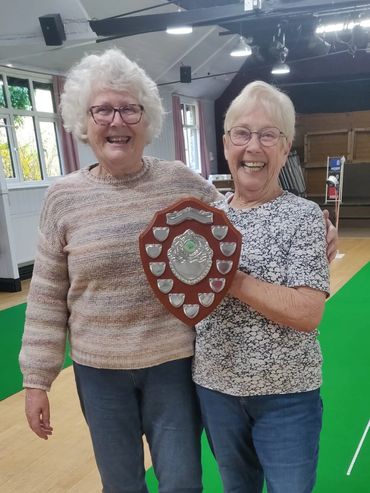 Judith Beer and her partner Carole Girling win the pairs shield competition in April 2026 at Orwell 
