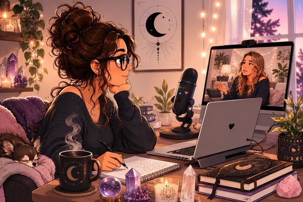 Woman studying and video chatting in a cozy, mystical room.