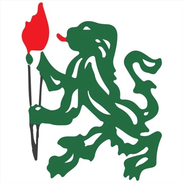 Green lion holding red torch graphic on white background.