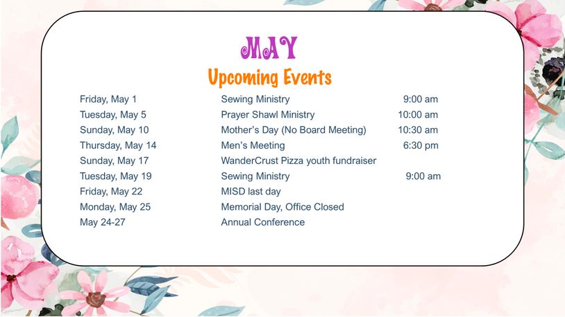 May events include Sewing Ministry, Prayer Shawl Ministry, and Memorial Day closure.