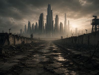 Futuristic city skyline with ruined foreground.