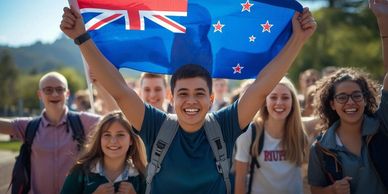 Happy young people holding a New Zealand flag outdoors.