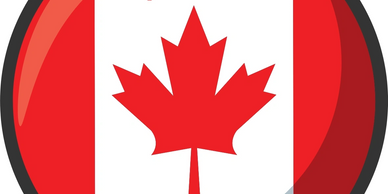 Glossy button featuring the Canadian flag with a red maple leaf.
