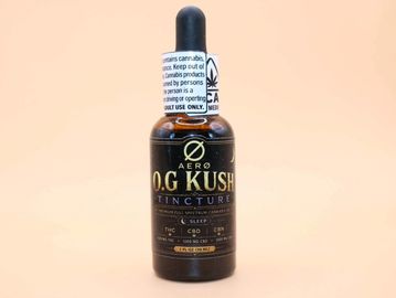 Bottle of Aero O.G Kush tincture with dropper cap and label.