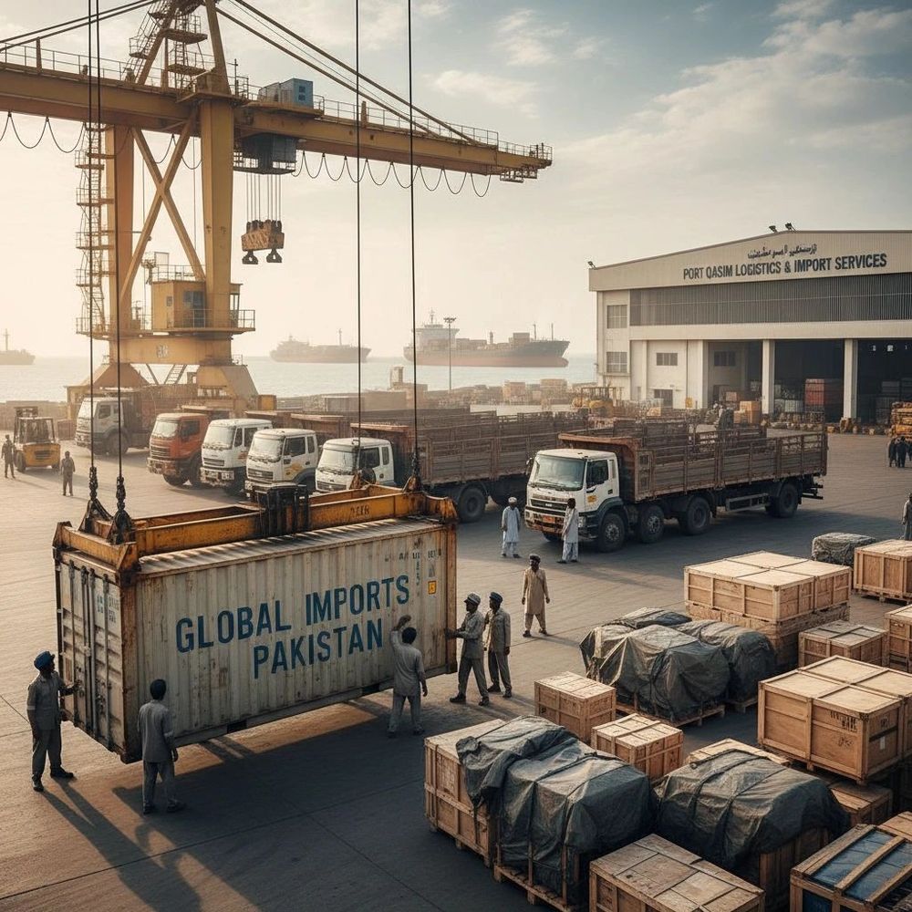 Workers handling a shipping container at a busy Pakistani port.