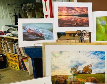 A display of framed landscape photographs showcasing nature and sunsets.