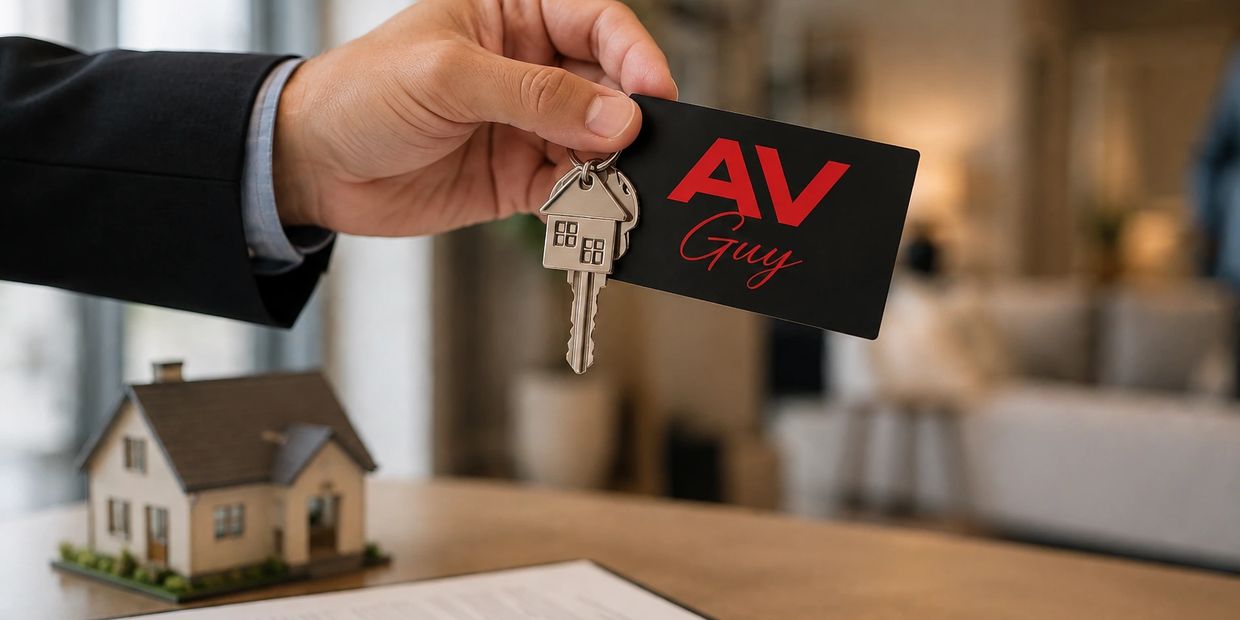 Hand holding house-shaped key and AV Guy card over a model house.