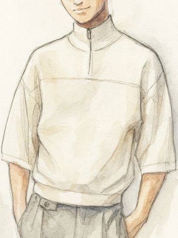 Watercolor painting of a man in a light half-zip shirt and gray pants.
