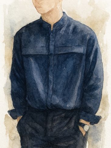 Watercolor painting of a person in a dark blue shirt with hands in pockets.