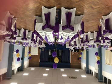 Beautiful Purple and White Chair cover hire with matching tablecloth, Balloons, Sashes and Runners 