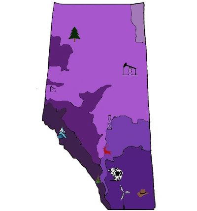 Colored map of Alberta with icons representing nature, industry, and agriculture.