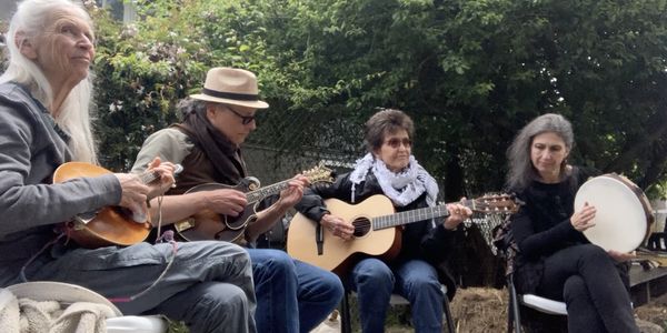 Four people playing string and percussion instruments outdoors.