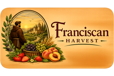 Franciscan Harvest logo with fruit and a monk.