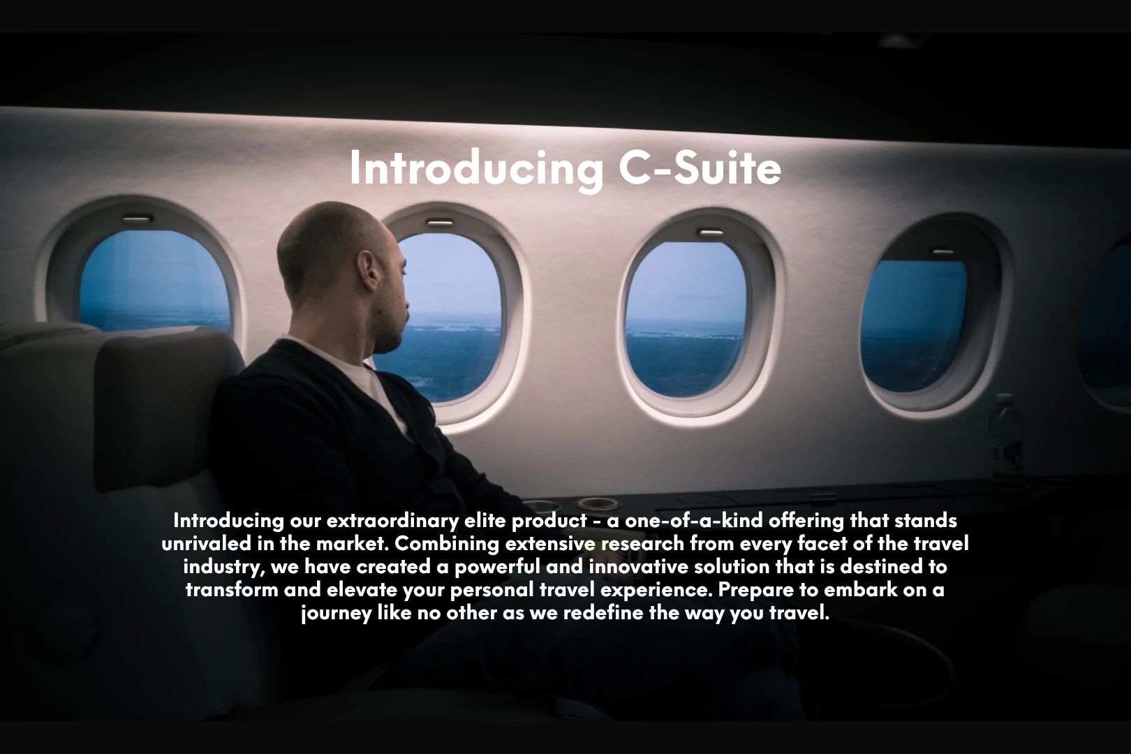 Man gazing out airplane windows with promotional text.