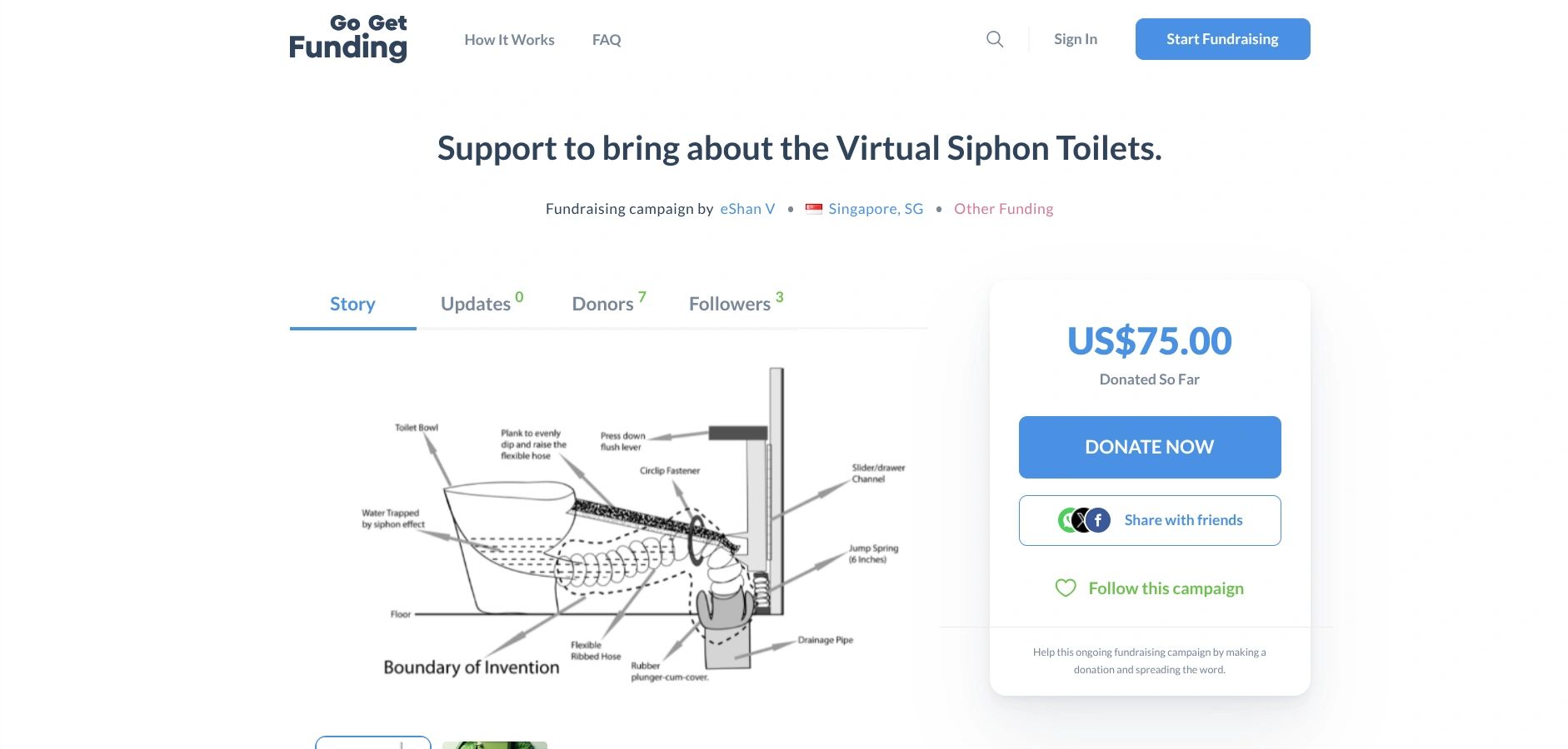 Fundraising page for Virtual Siphon Toilets with a detailed invention diagram.