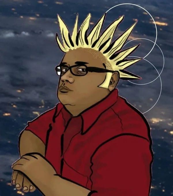 Illustration of a person with distinctive spiked blond hair and glasses.