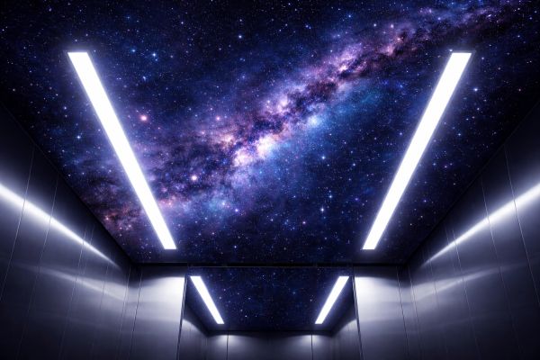 Futuristic elevator with galaxy ceiling and bright lights.
