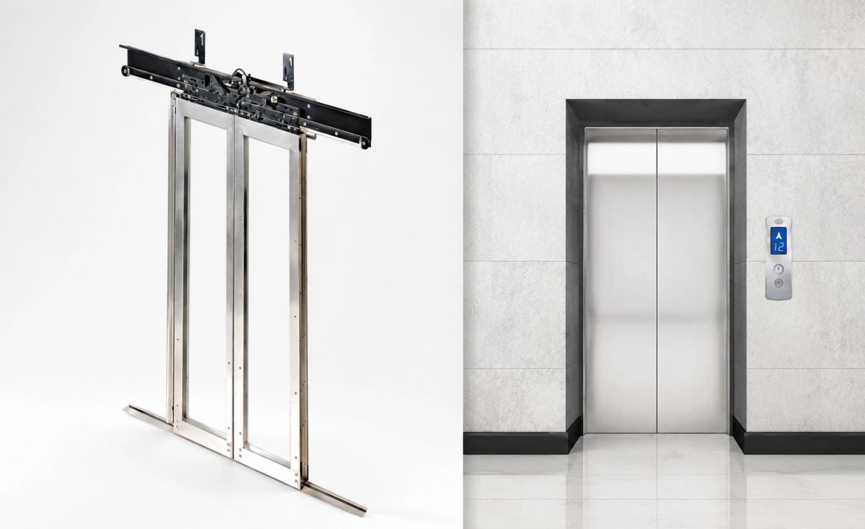 Stainless steel sliding door mechanism against a white background.