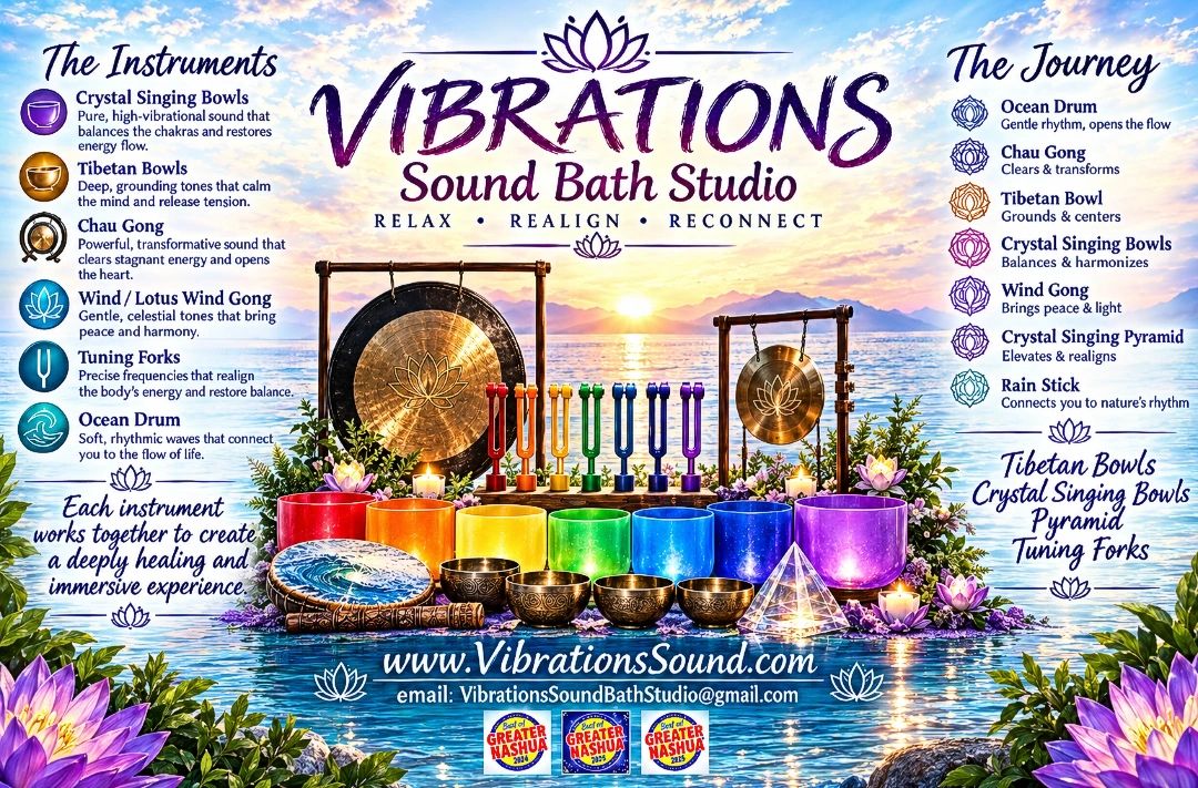 Colorful sound healing instruments by a serene lakeside at sunset.