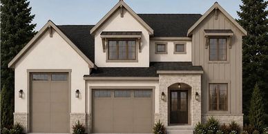 Modern two-story house with garage and beige exterior.