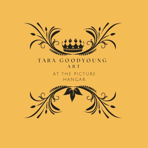 Elegant logo for Tara Goodyoung Art at The Picture Hangar with decorative black crown and flourishes on a mustard background.