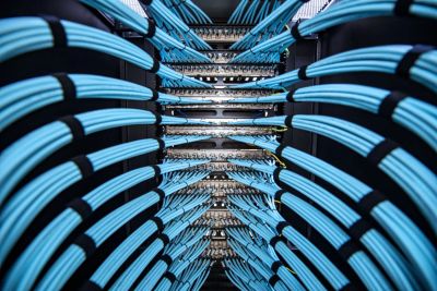 Organized blue network cables connected to patch panels in a server rack.